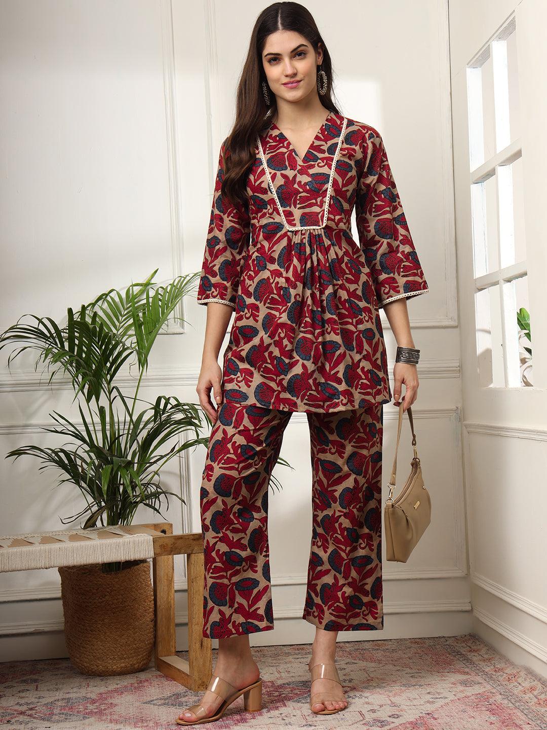 Ekisha's women multicolor floral printed cotton co-ord set lounge wear - Ekisha