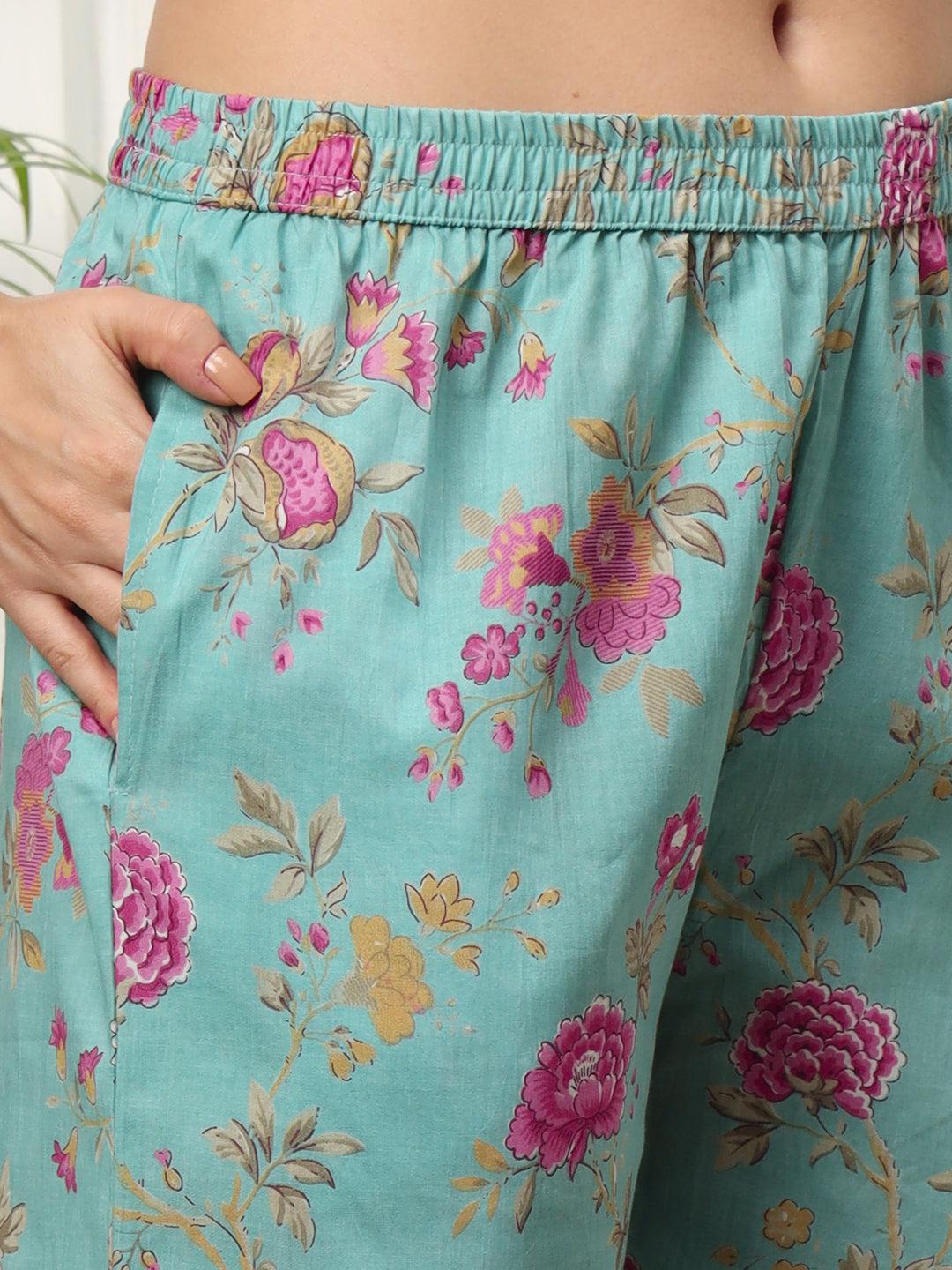 Ekisha's women light green multicolor floral printed cotton co-ord set kurta set - Ekisha