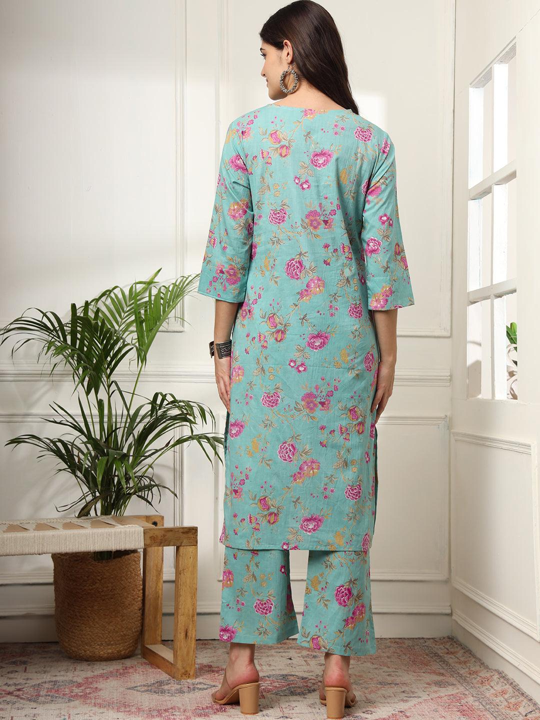 Ekisha's women light green multicolor floral printed cotton co-ord set kurta set - Ekisha