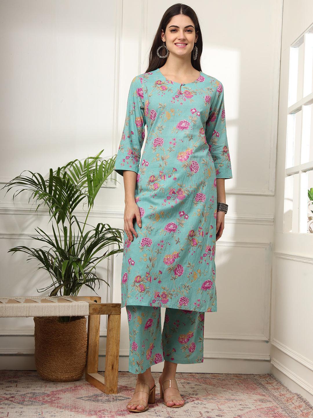 Ekisha's women light green multicolor floral printed cotton co-ord set kurta set - Ekisha