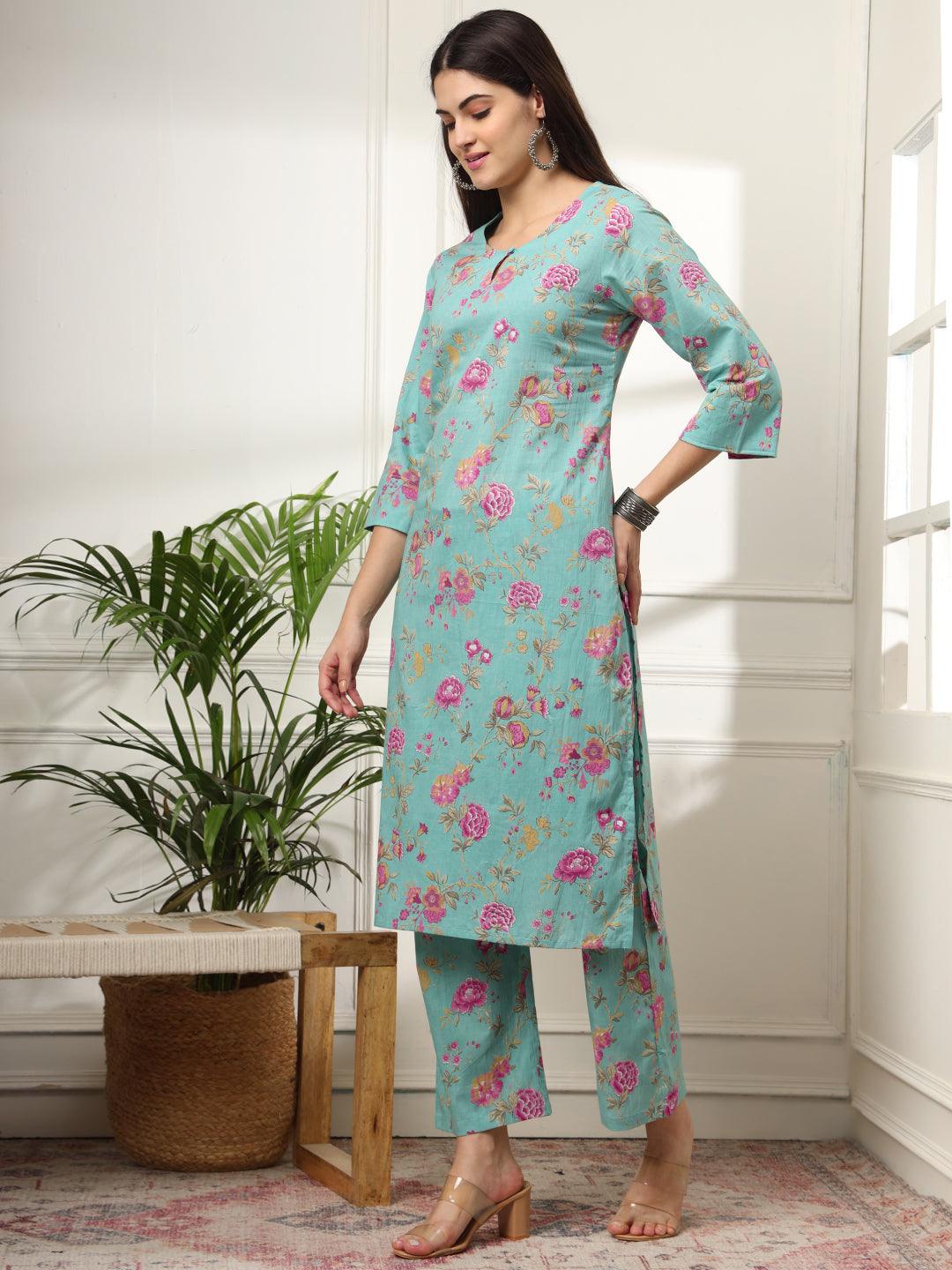 Ekisha's women light green multicolor floral printed cotton co-ord set kurta set - Ekisha