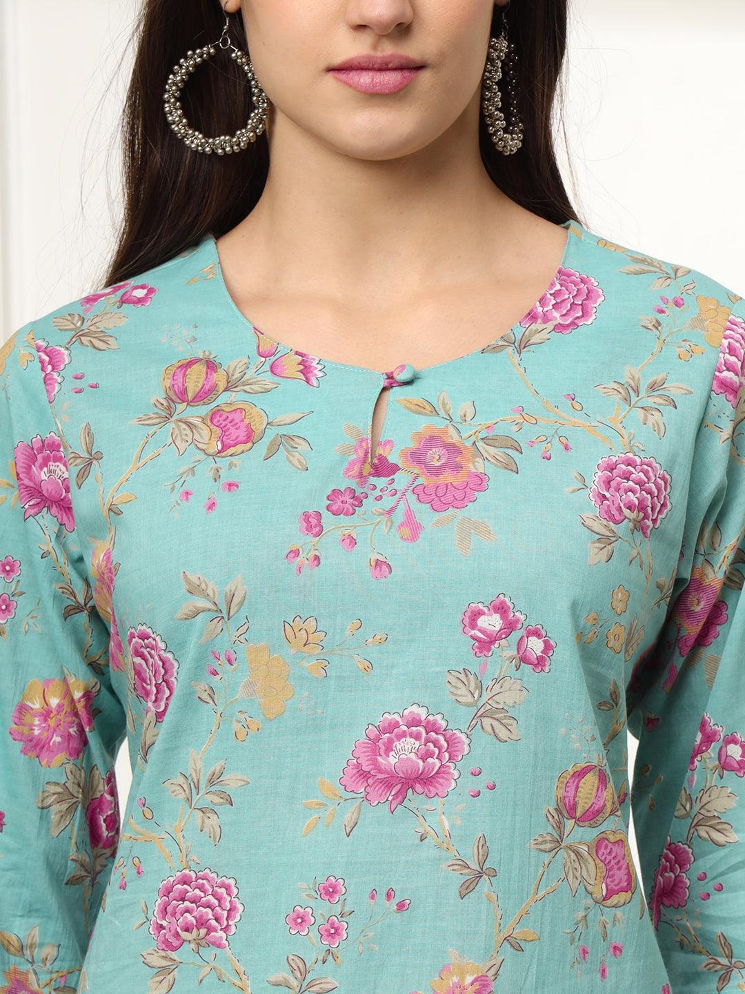 Ekisha's women light green multicolor floral printed cotton co-ord set kurta set - Ekisha