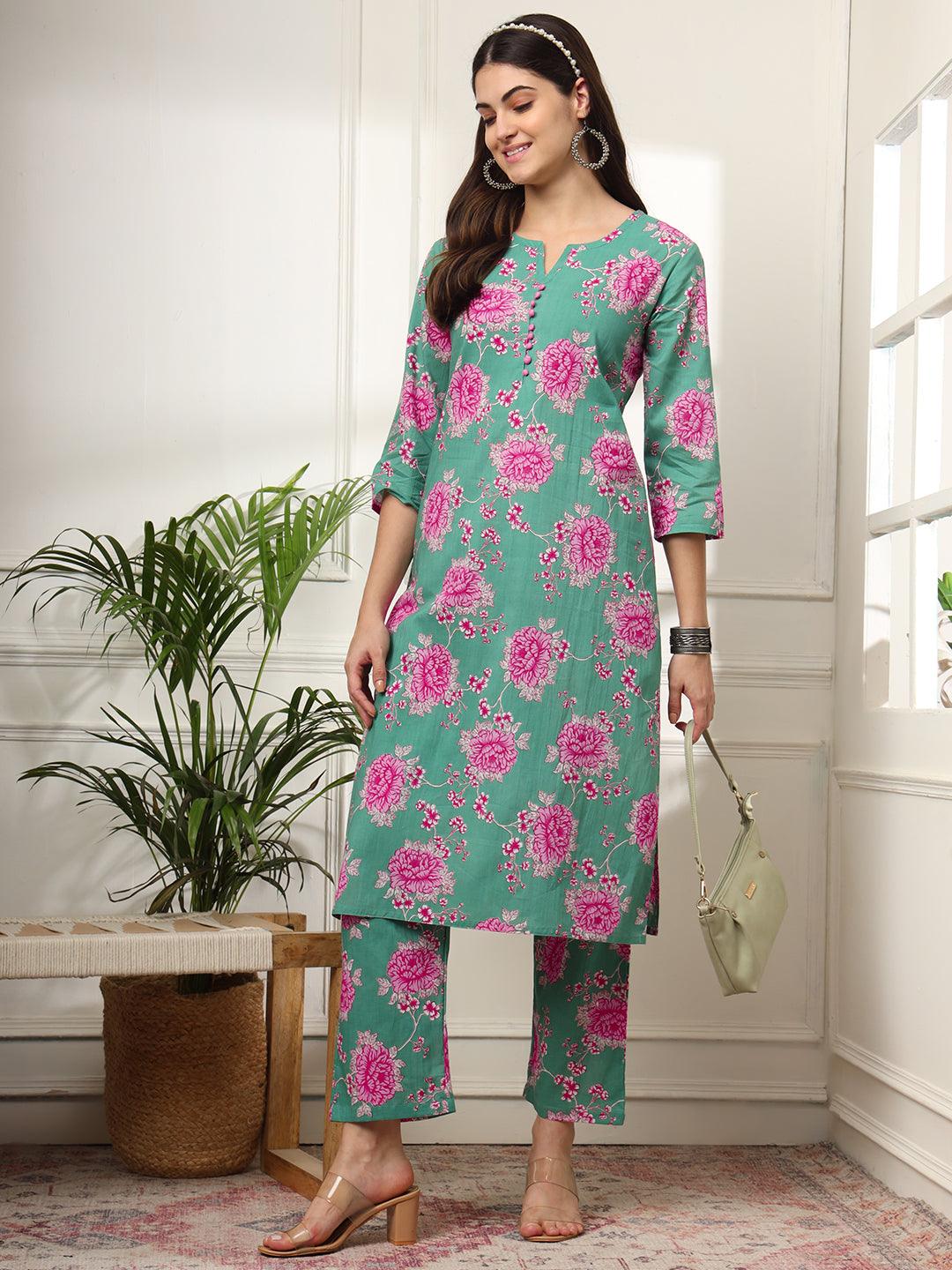 Ekisha's women green multicolor floral printed cotton co-ord set kurta set - Ekisha