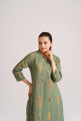 3/4 sleeve sage green cotton straight kurta with mughal botanical block print motifs – Ekisha coord set