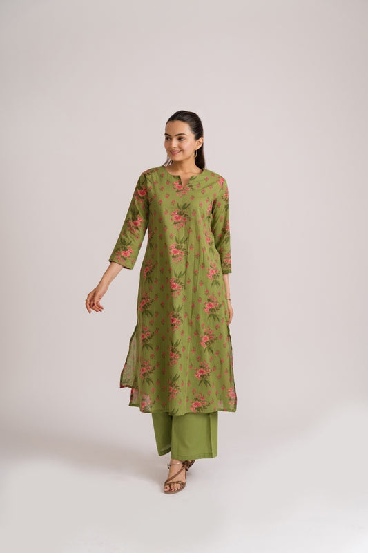Olive green pink ditsy floral print cotton coord set full front view – Ekisha