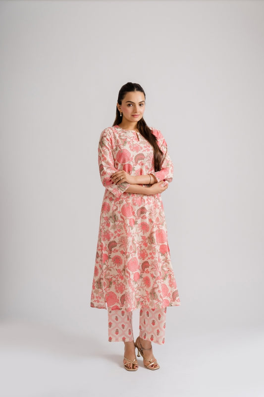 Cream pink jaal floral block print cotton coord set full front view – Ekisha
