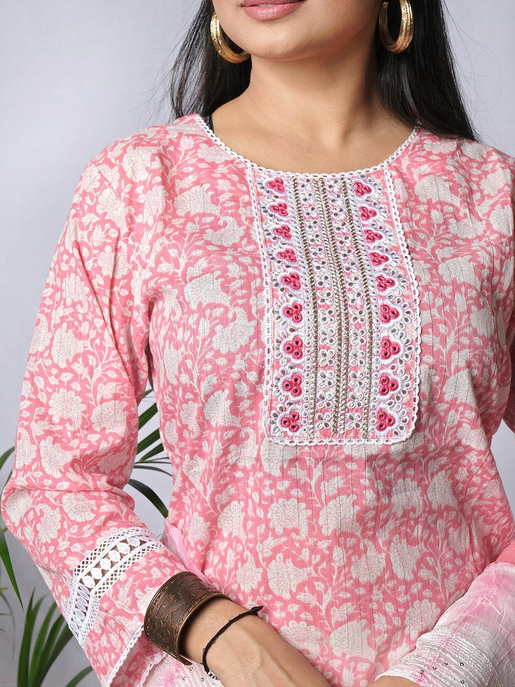 Ekisha's women printed pink designer cotton kurta and pant set with dupatta - Ekisha