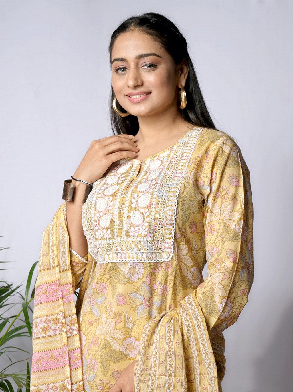 Ekisha's women printed yellow embroidered cotton kurta and pant set with dupatta - Ekisha