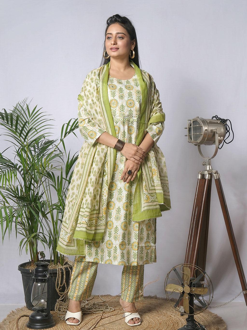 Ekisha's women printed white green floral cotton kurta and pant set with dupatta - Ekisha