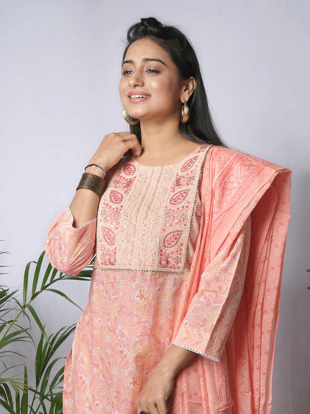 Ekisha's women printed peach embroidered cotton kurta and pant set with dupatta - Ekisha