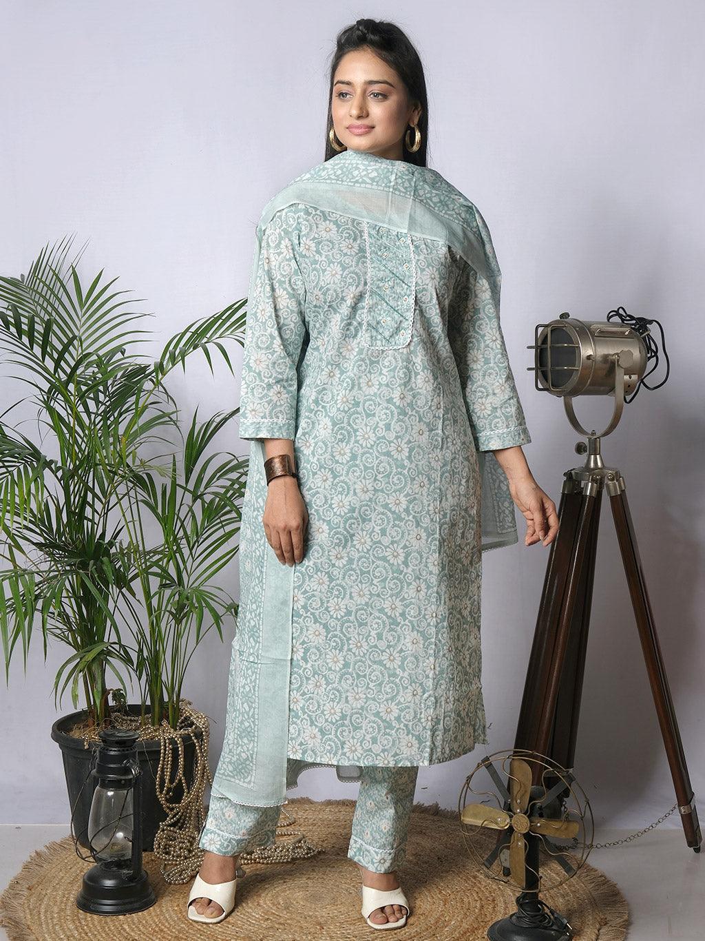 Ekisha's women printed cgreen cotton kurta and pant set with dupatta - Ekisha