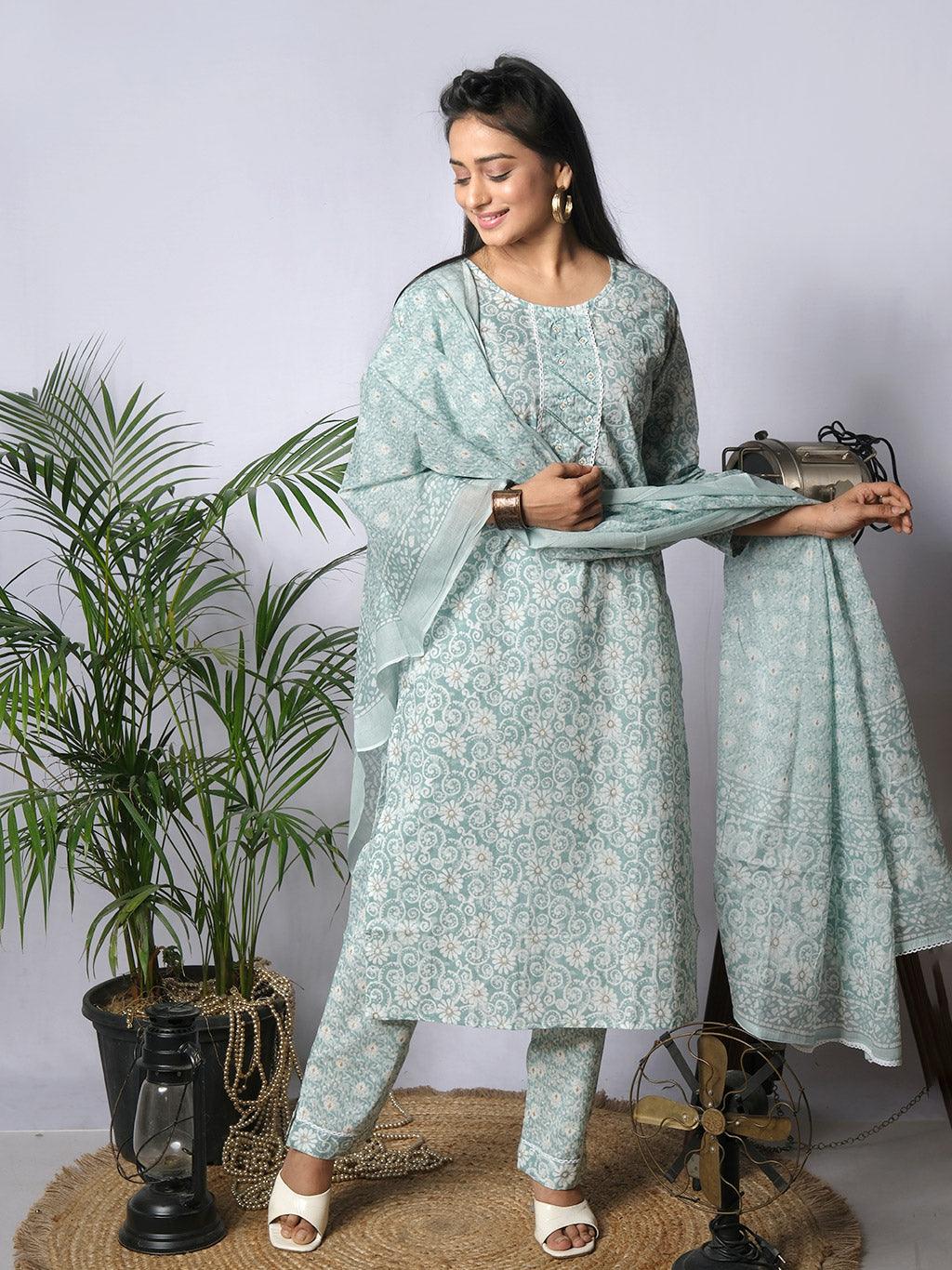 Ekisha's women printed cgreen cotton kurta and pant set with dupatta - Ekisha