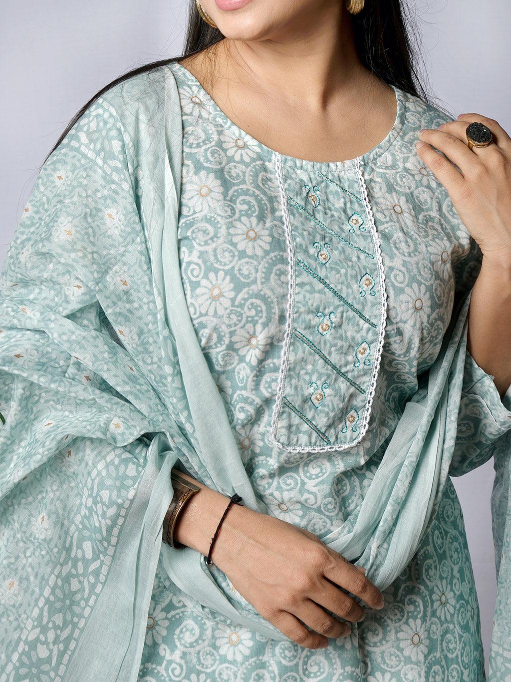 Ekisha's women printed cgreen cotton kurta and pant set with dupatta - Ekisha