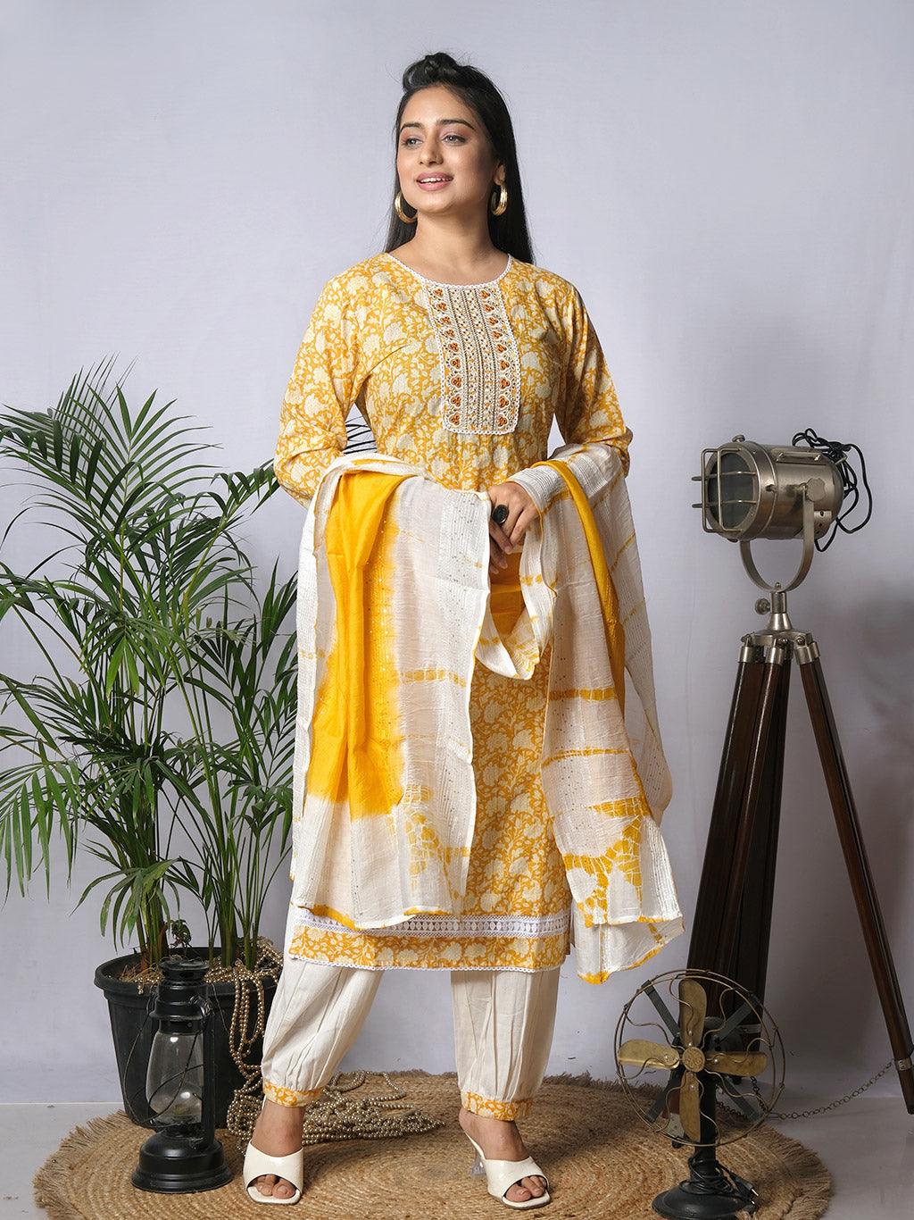 Ekisha's women printed yellow designer cotton kurta and pant set with dupatta - Ekisha
