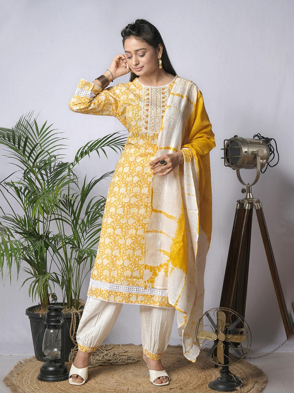 Ekisha's women printed yellow designer cotton kurta and pant set with dupatta - Ekisha