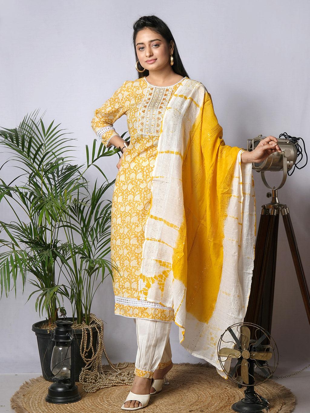 Ekisha's women printed yellow designer cotton kurta and pant set with dupatta - Ekisha