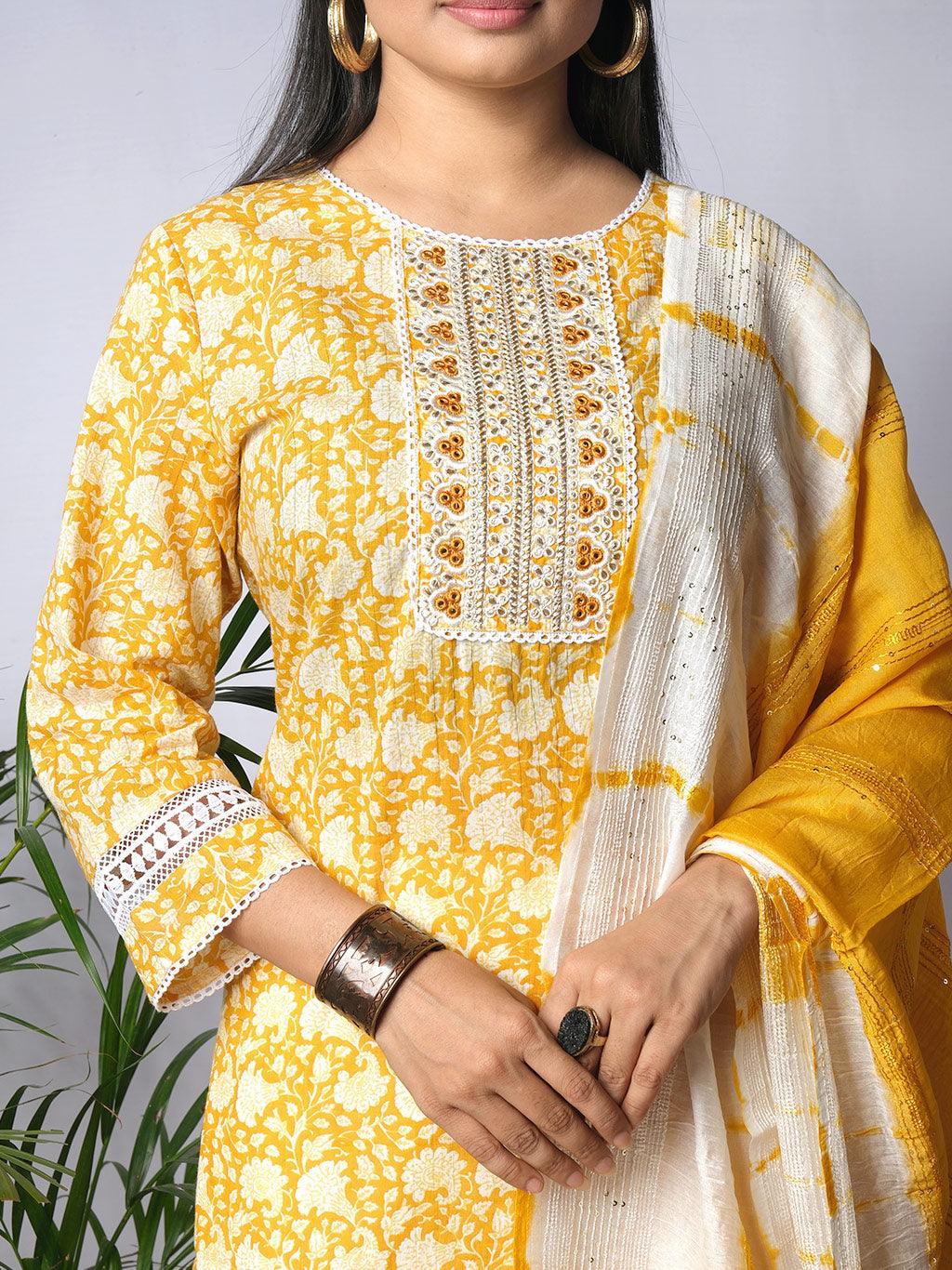 Ekisha's women printed yellow designer cotton kurta and pant set with dupatta - Ekisha