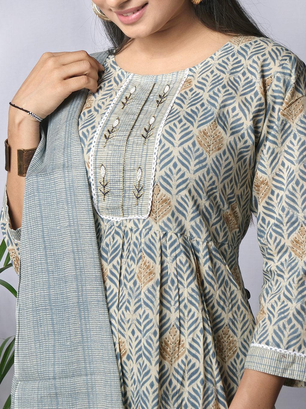 Ekisha's women printed grey blue cotton kurta and pant set with dupatta - Ekisha