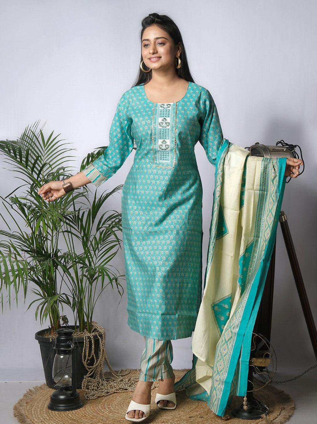 Ekisha's women printed rama designer cotton kurta and pant set with dupatta - Ekisha