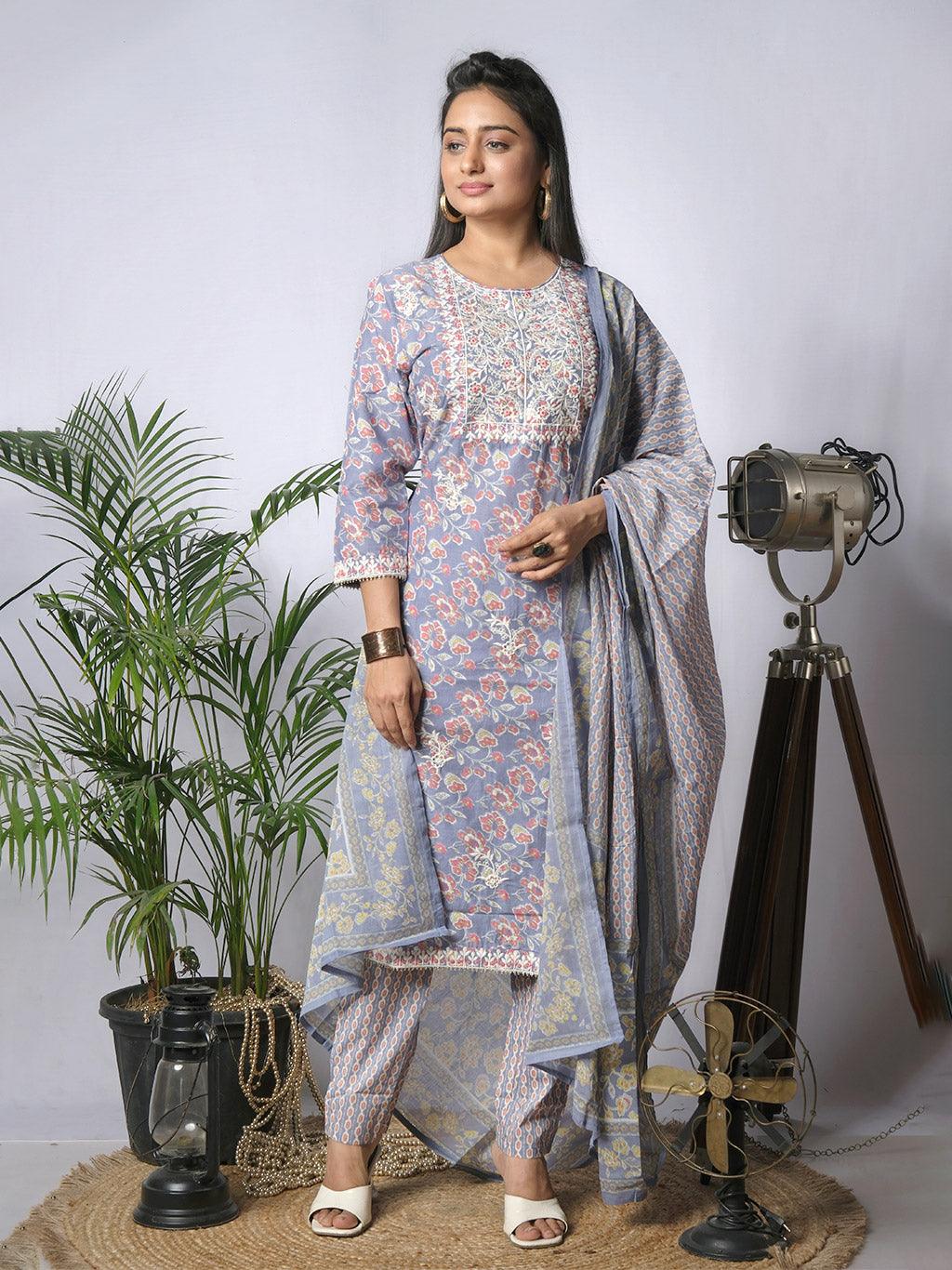 Ekisha's women printed floral light purple cotton kurta and pant set with dupatta - Ekisha