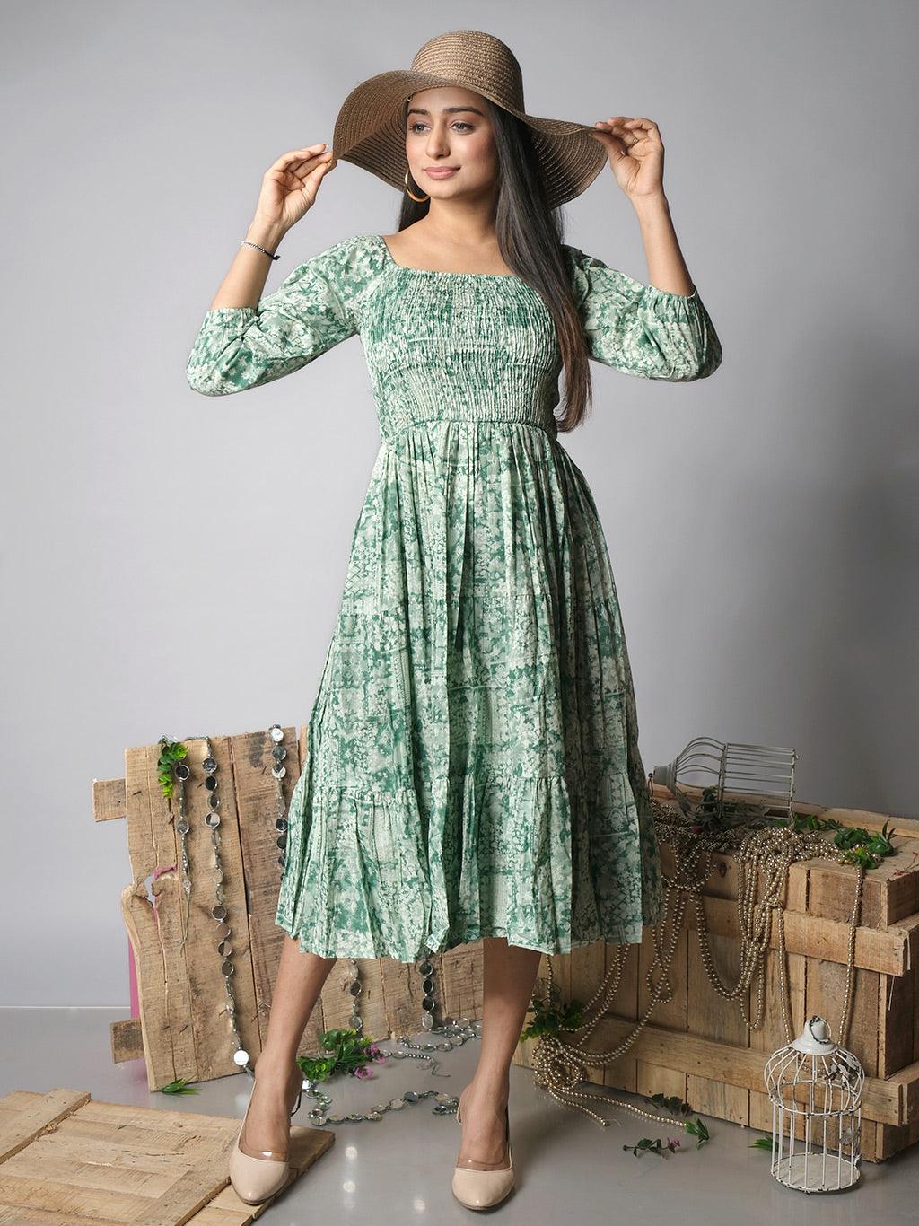 Ekisha's women shibori printed green cotton midi dress - Ekisha