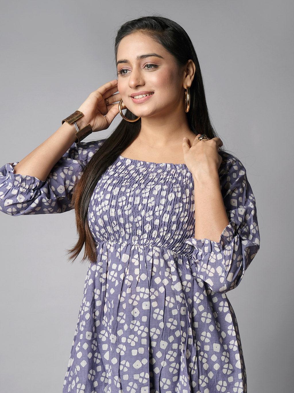 Ekisha's women printed purple cotton shiffli midi dress - Ekisha