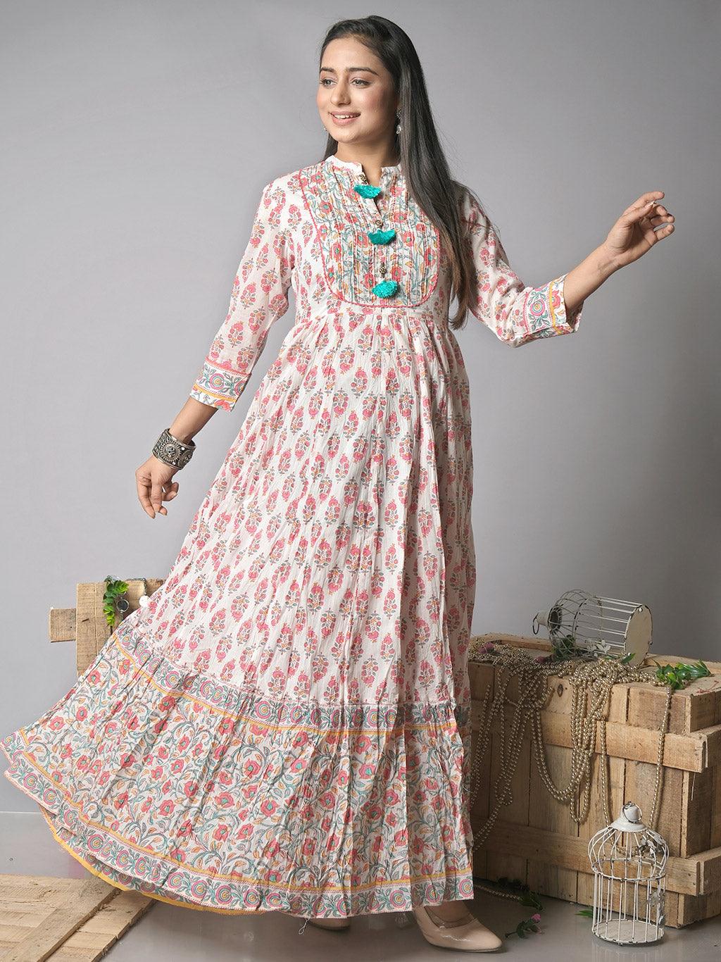 Ekisha's women paisley printed white cotton maxi dress - Ekisha