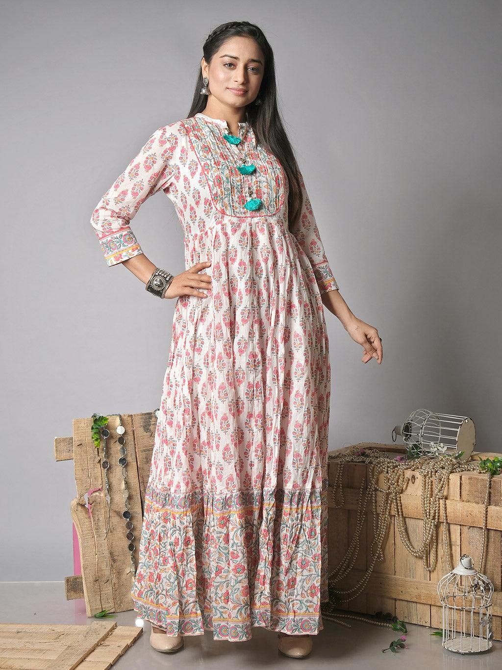 Ekisha's women paisley printed white cotton maxi dress - Ekisha
