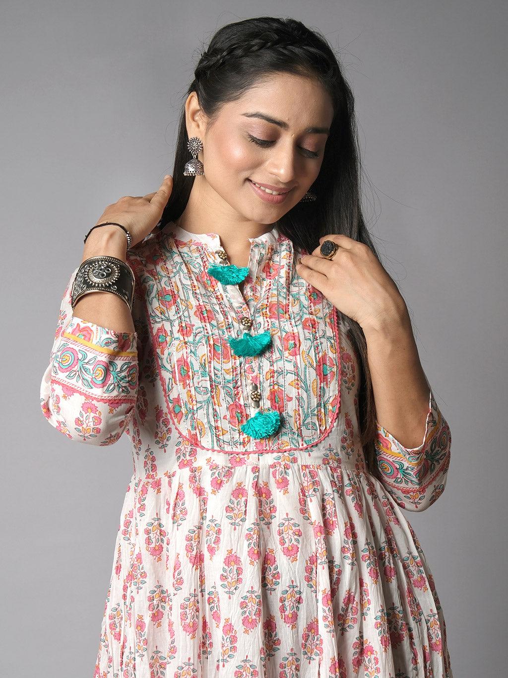 Ekisha's women paisley printed white cotton maxi dress - Ekisha