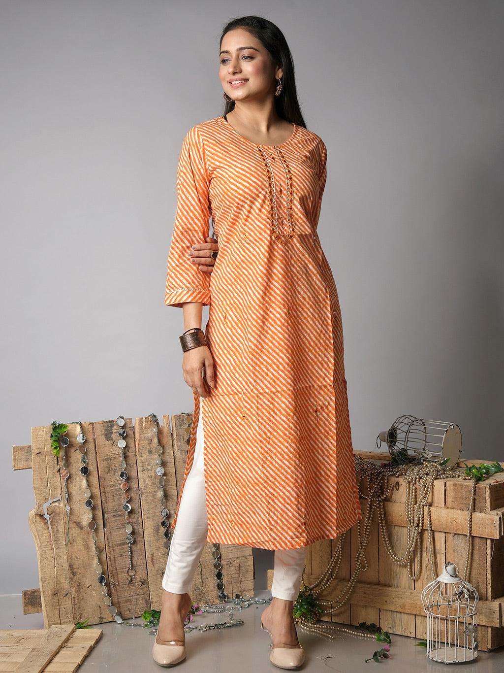 Ekisha's women lehriya printed orange cotton kurta - Ekisha