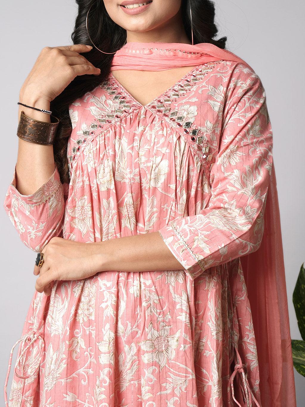 Ekisha's women printed pink floral designer cotton kurta and pant set with dupatta - Ekisha