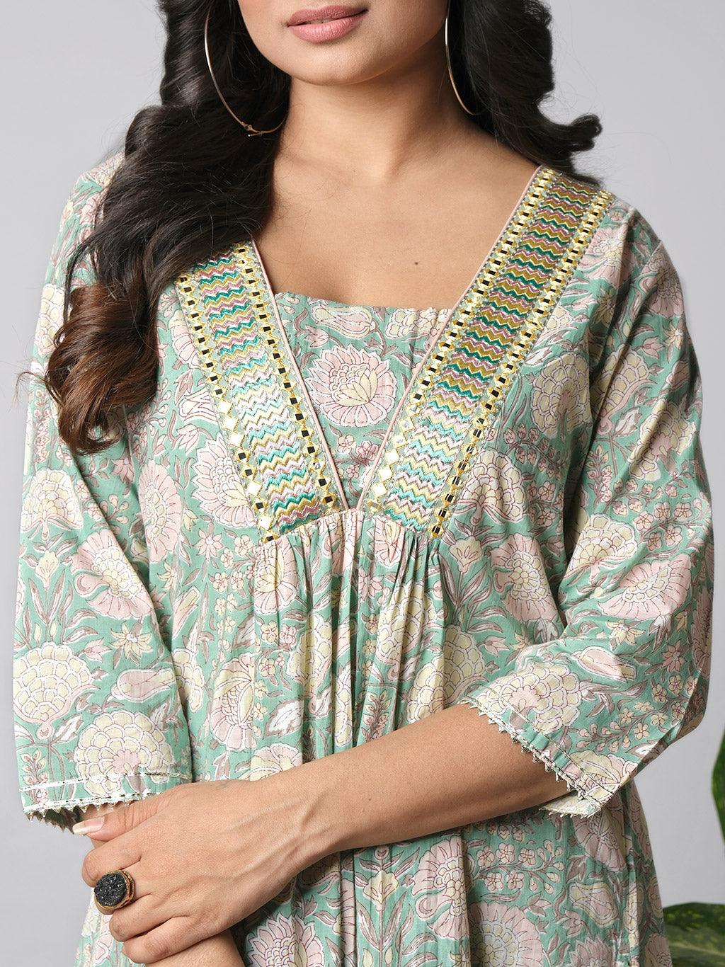 Ekisha's women printed green embroidered cotton kurta and pant set - Ekisha