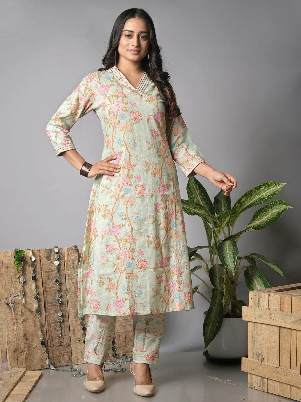 Ekisha's women printed pista cotton kurta and pant set - Ekisha