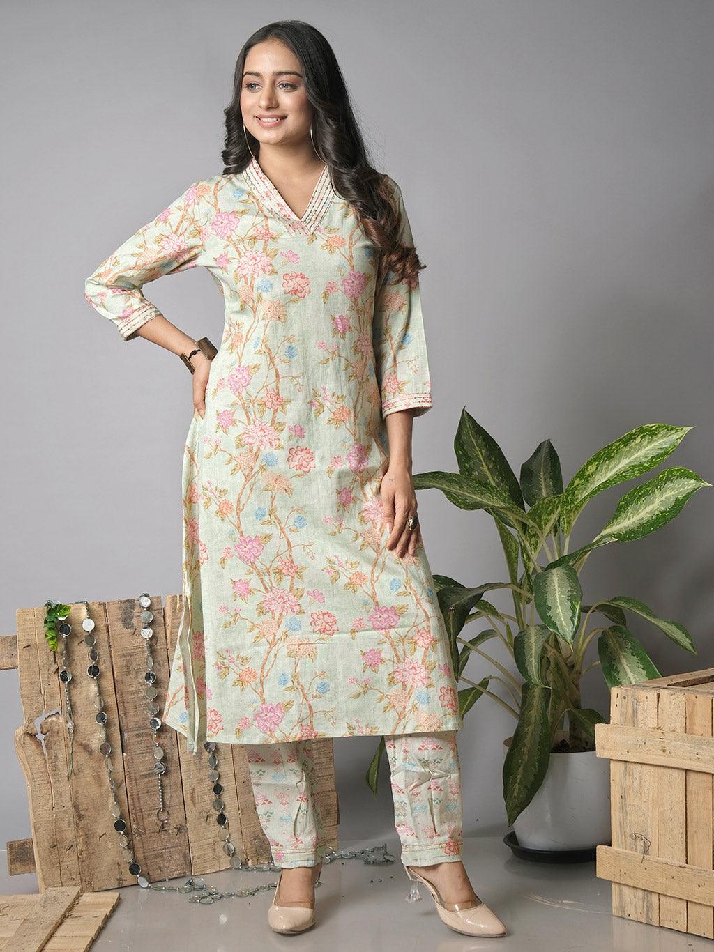 Ekisha's women printed pista cotton kurta and pant set - Ekisha