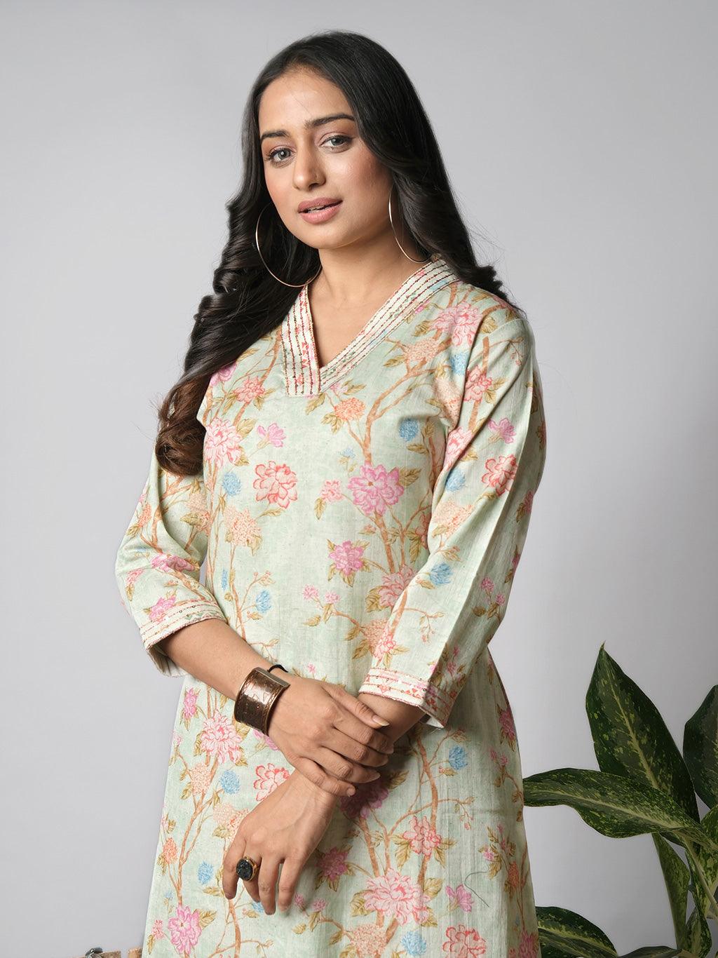 Ekisha's women printed pista cotton kurta and pant set - Ekisha