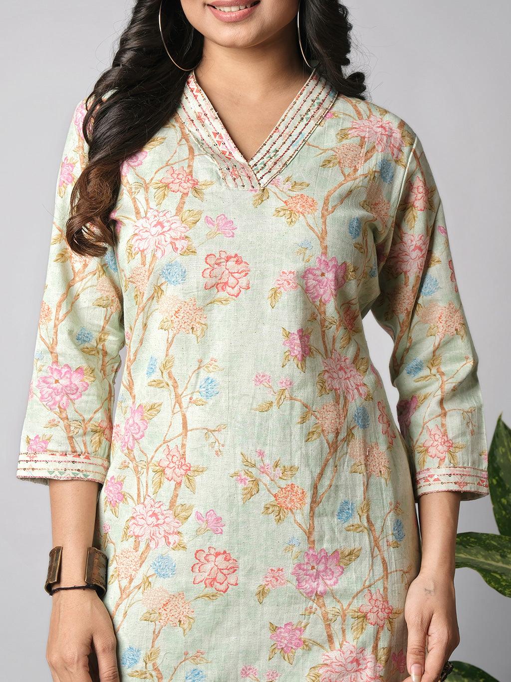Ekisha's women printed pista cotton kurta and pant set - Ekisha