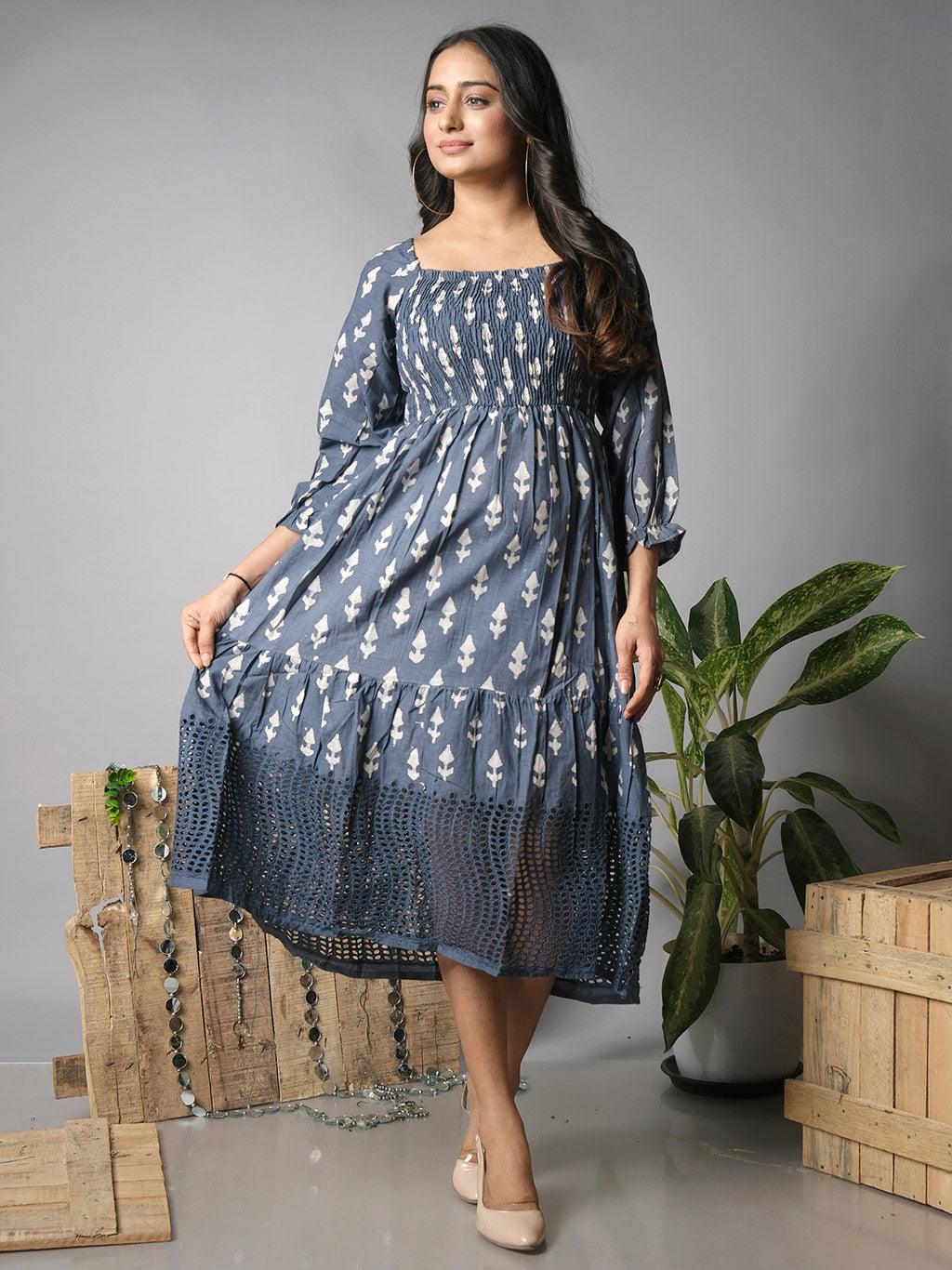 Ekisha's women printed grey cotton shiffli midi dress - Ekisha