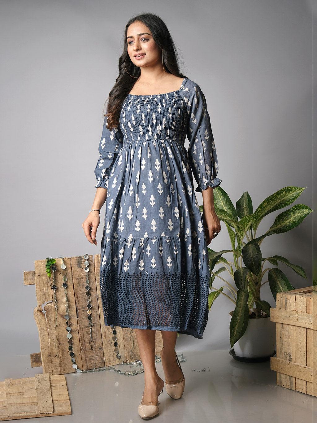 Ekisha's women printed grey cotton shiffli midi dress - Ekisha