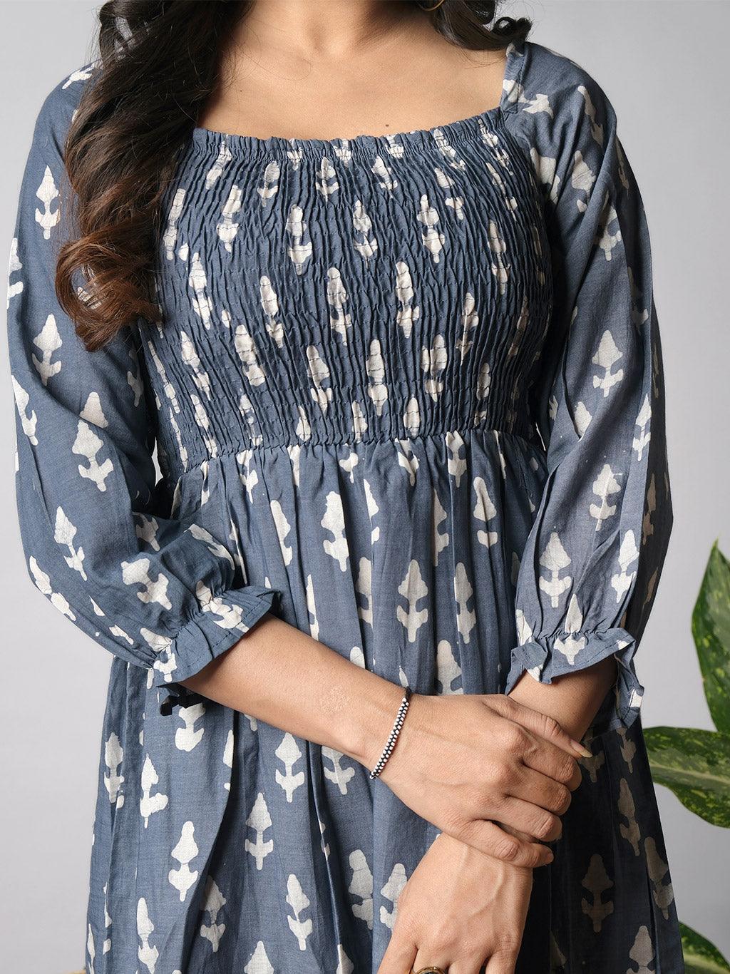 Ekisha's women printed grey cotton shiffli midi dress - Ekisha