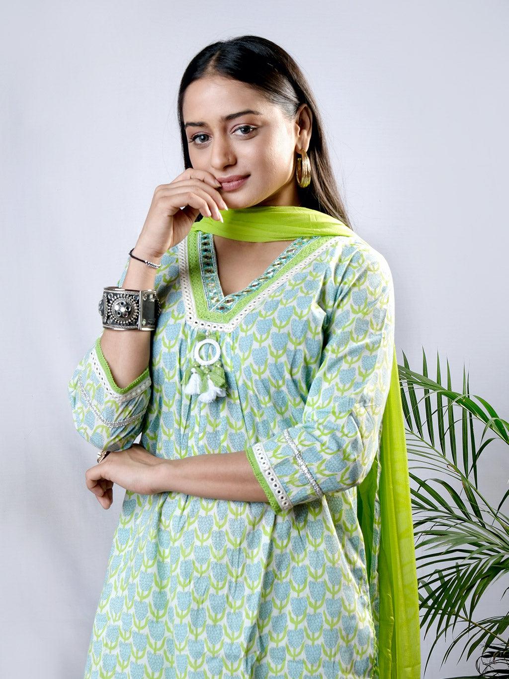 Ekisha's women printed green cotton kurta and dhoti pant set with dupatta - Ekisha