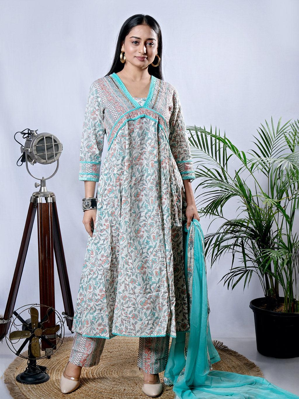 Ekisha's women printed cgreen embroidered cotton kurta and pant set with dupatta - Ekisha