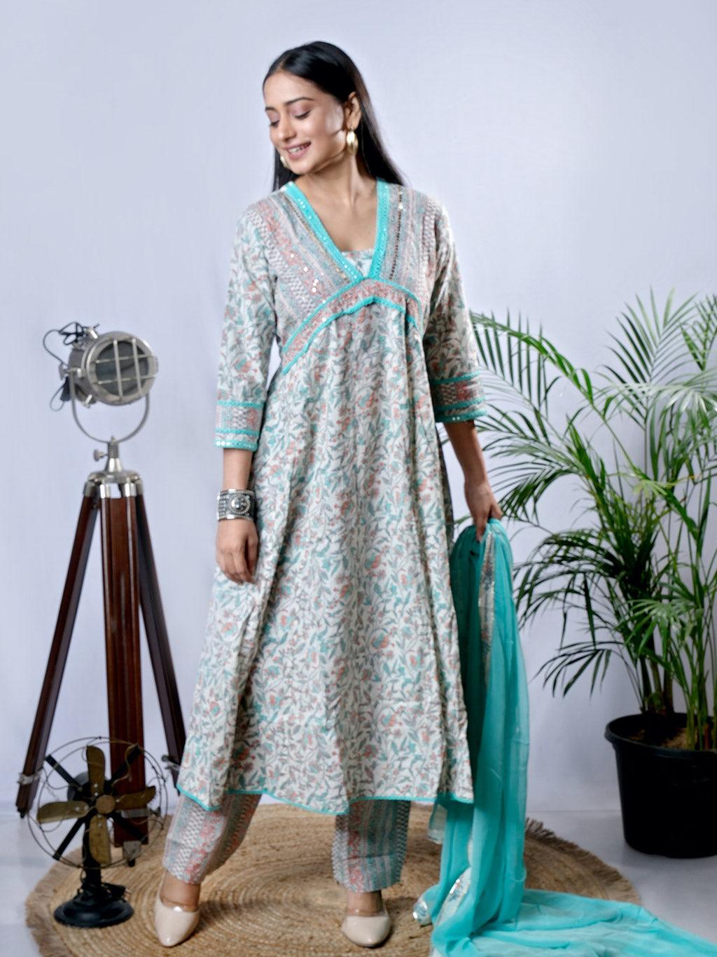 Ekisha's women printed cgreen embroidered cotton kurta and pant set with dupatta - Ekisha