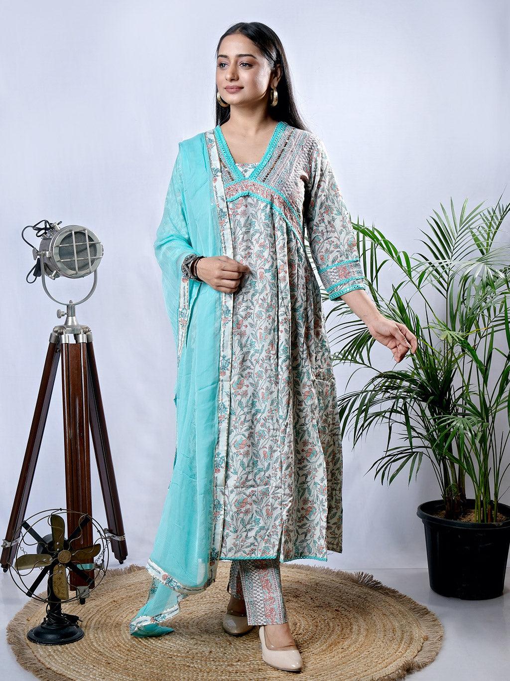 Ekisha's women printed cgreen embroidered cotton kurta and pant set with dupatta - Ekisha