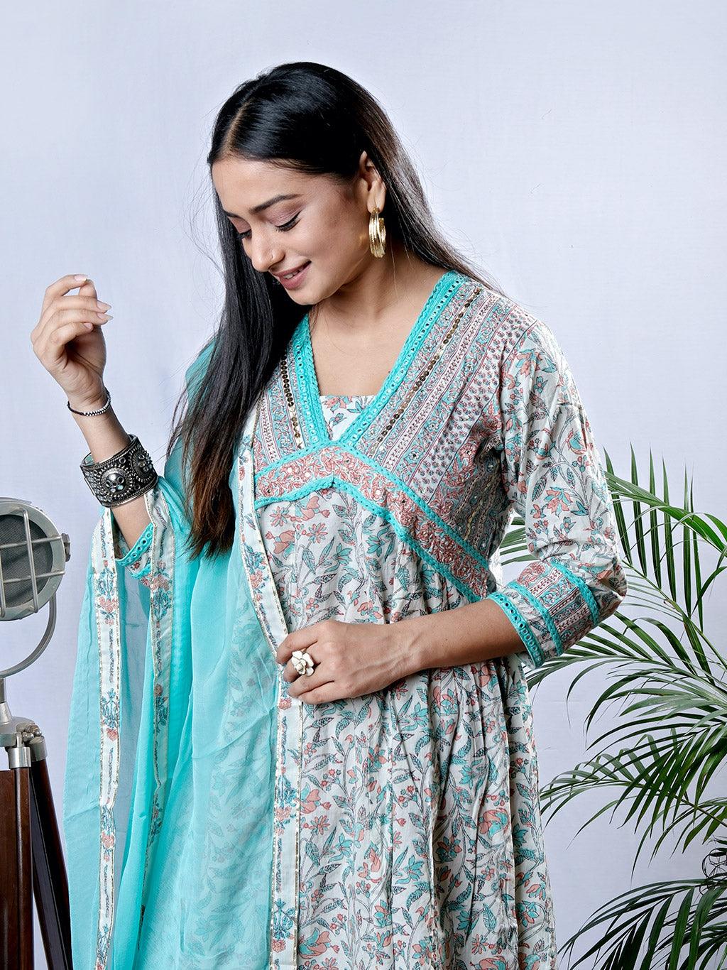 Ekisha's women printed cgreen embroidered cotton kurta and pant set with dupatta - Ekisha