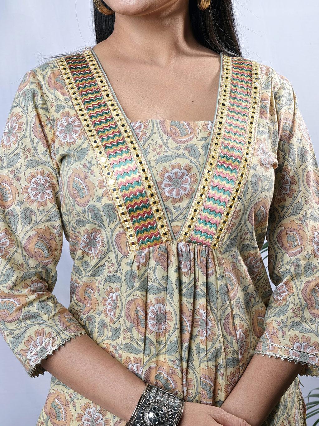 Ekisha's women printed mustard yellow cotton kurta and pant set - Ekisha