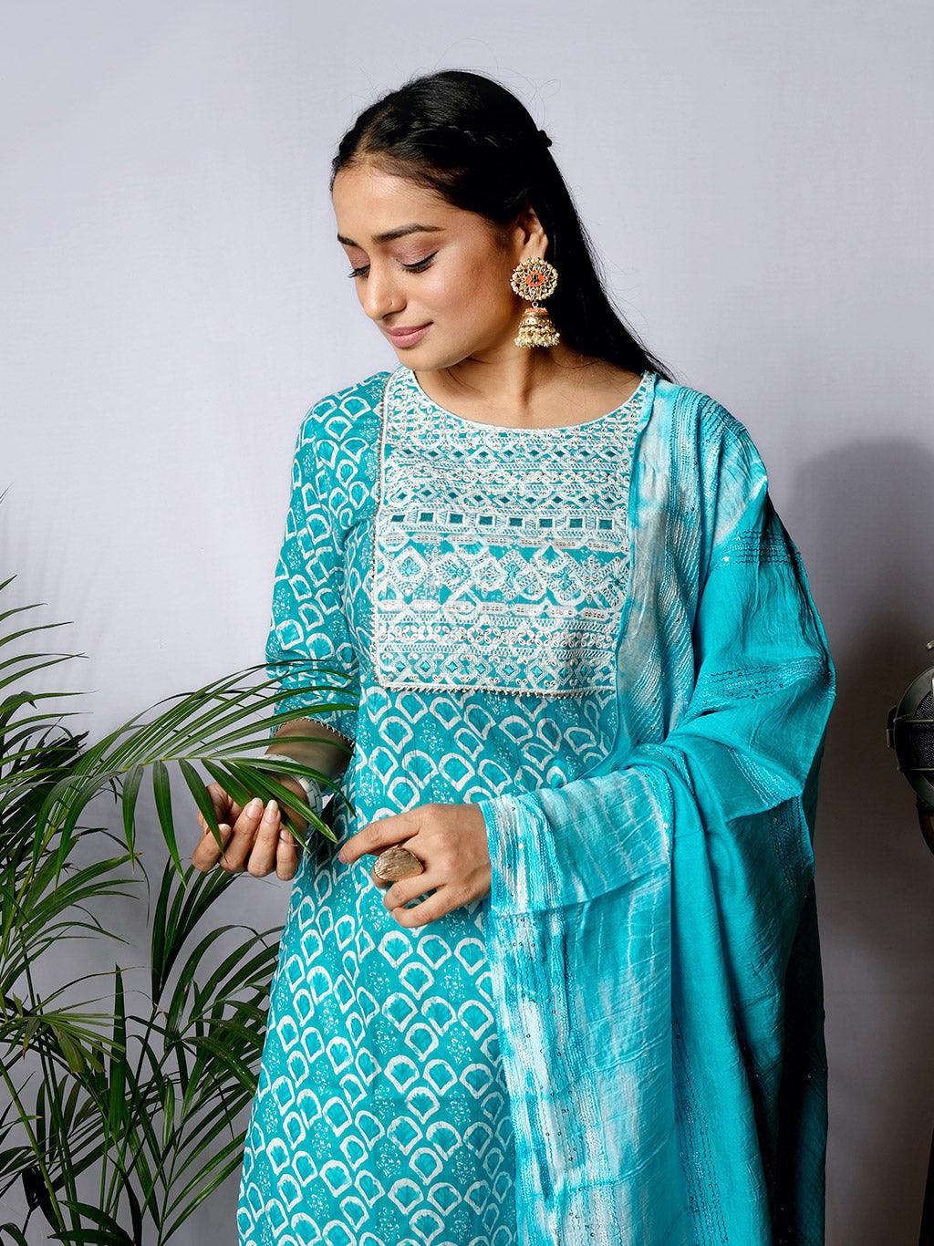 Ekisha's women printed rama embroidered cotton kurta and pant set with dupatta - Ekisha