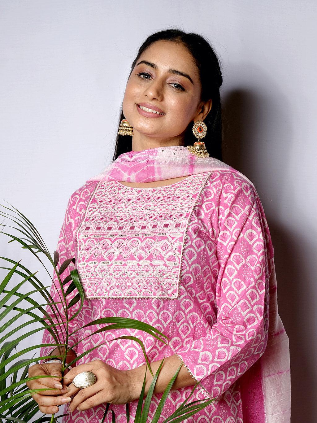 Ekisha's women printed pink embroidered cotton kurta and pant set with dupatta - Ekisha