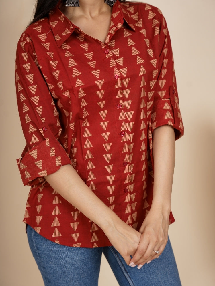 Ekisha Women cotton maroon triangle printed relaxed fit shirt, detailed view