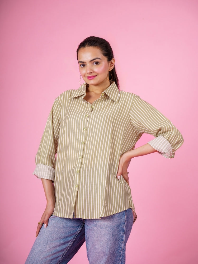 Ekisha Women cotton mehandi stripes printed relaxed fit shirt, detailed view 4