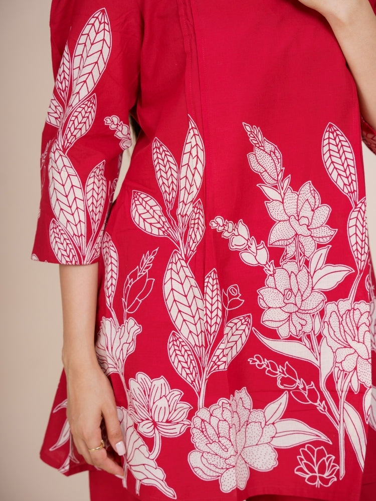 Ekisha's women dark red designer printed floral cotton co-ord set lounge wear, detailed view 2